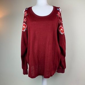 Umgee red cold shoulder floral embroidered lightweight sweater
